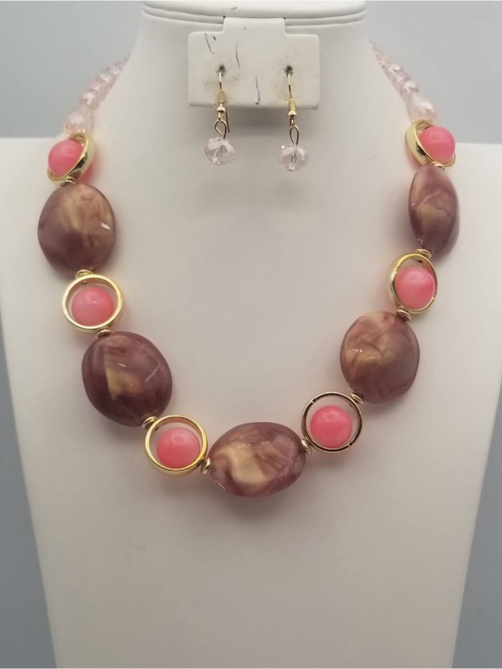 Pink and Mauve Statement Bead Necklace with Matching Earrings